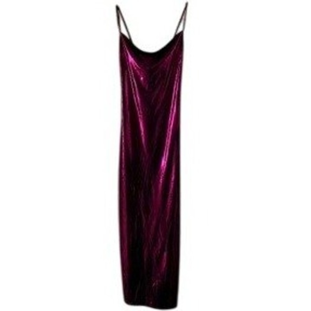 Johnny Wujek Metallic Fuchsia Maxi Dress Pink Cowl Neck Spaghetti Strap Small